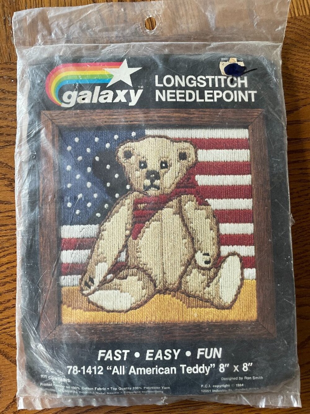 Vintage Longstitch Needlepoint Teddy Bear American Flag Craft Kit 8"x8"